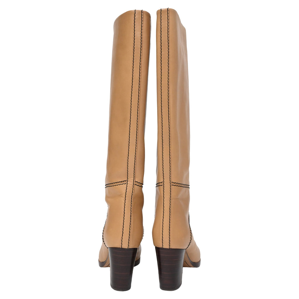 Chloé Knee-High Riding Heeled Boots in Brown Leather