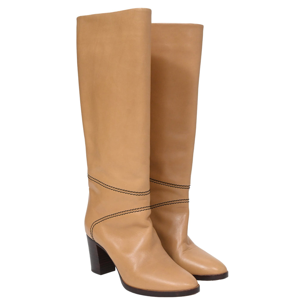 Chloé Knee-High Riding Heeled Boots in Brown Leather