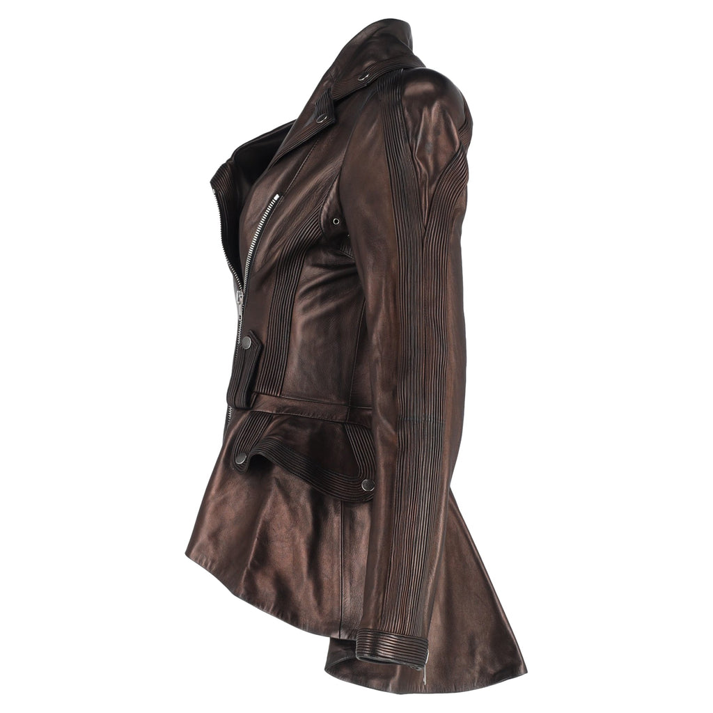 Alexander Mcqueen Peplum Biker Jacket in Brown Leather