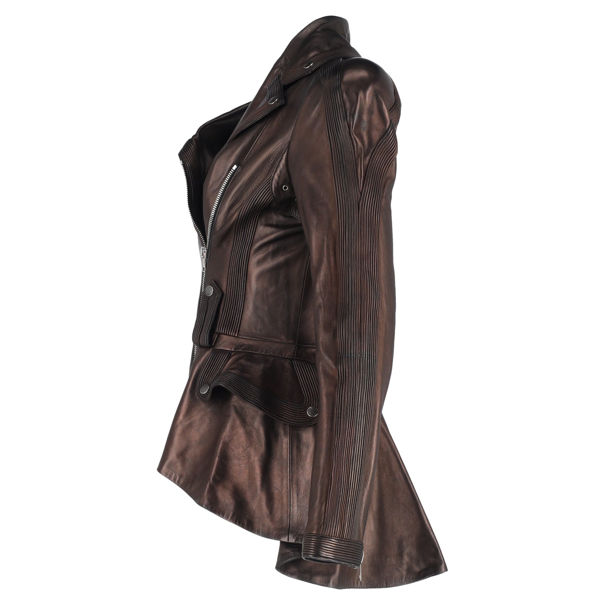 Alexander Mcqueen Peplum Biker Jacket in Brown Leather