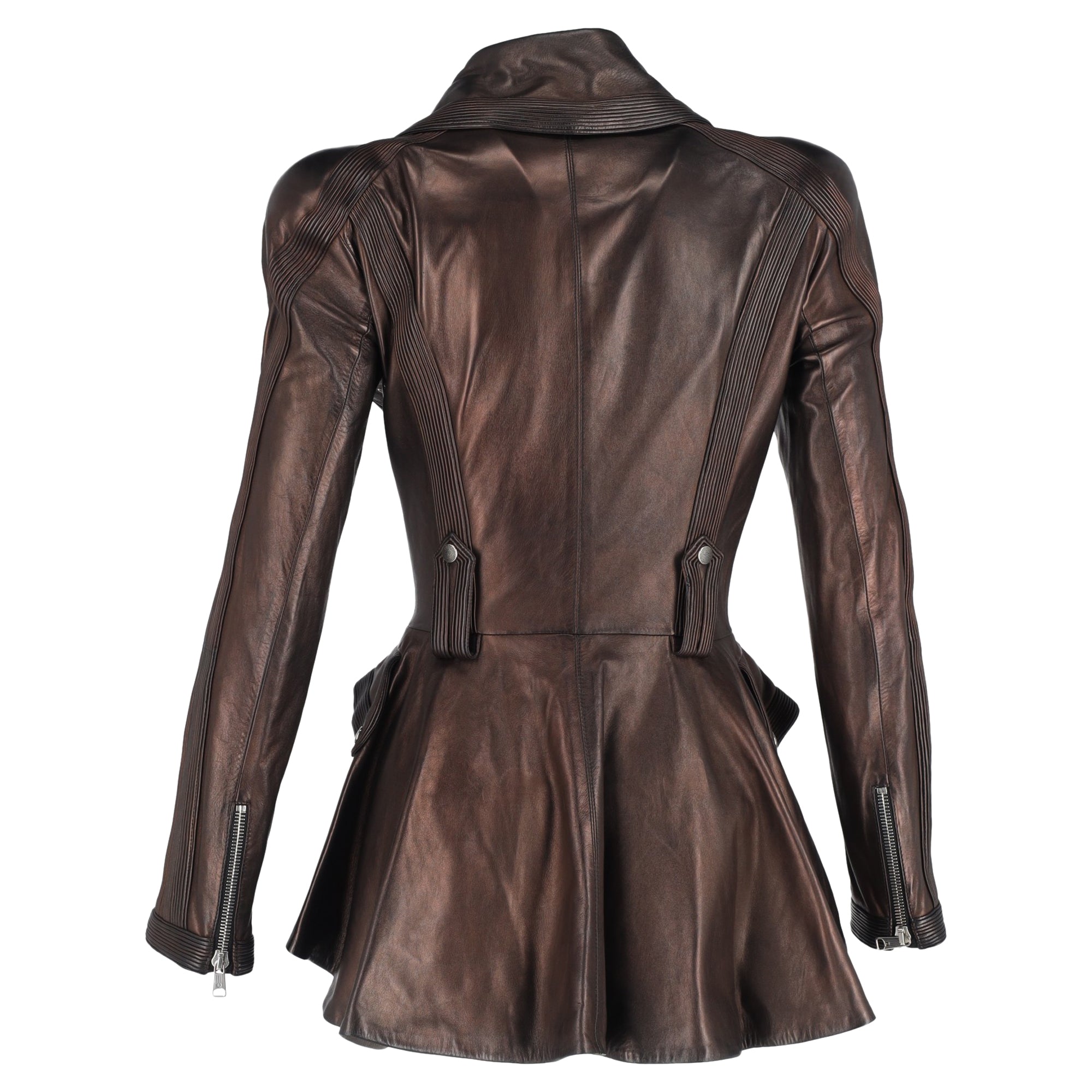 Alexander Mcqueen Peplum Biker Jacket in Brown Leather