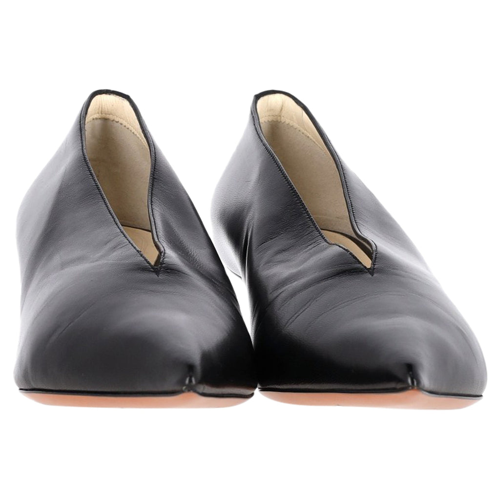 Celine V Neck Pointed Toe Pumps in Black Leather