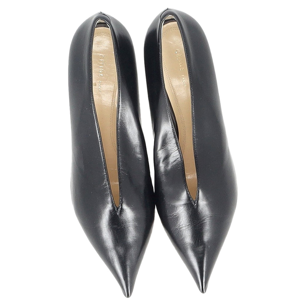 Celine V Neck Pointed Toe Pumps in Black Leather