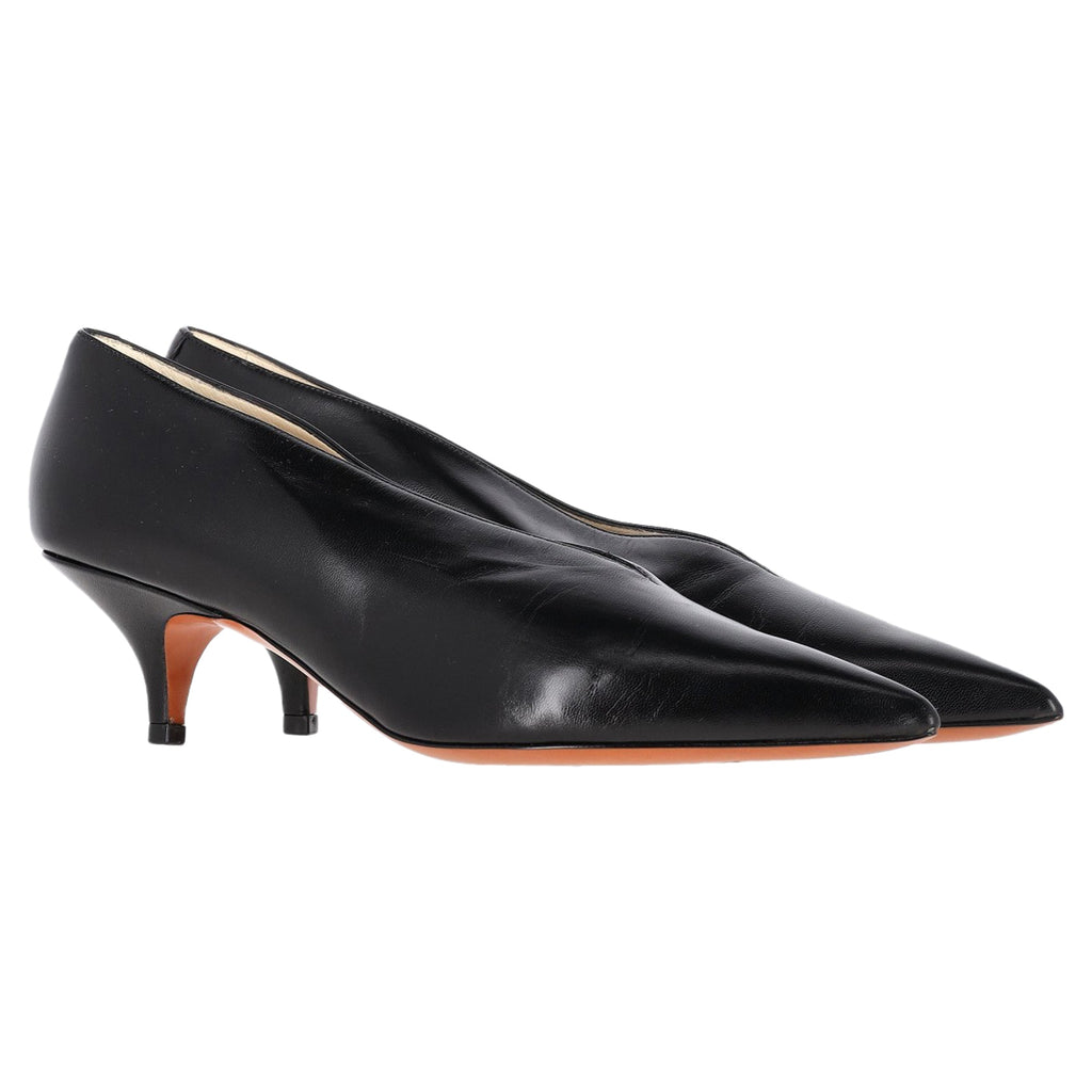Celine V Neck Pointed Toe Pumps in Black Leather