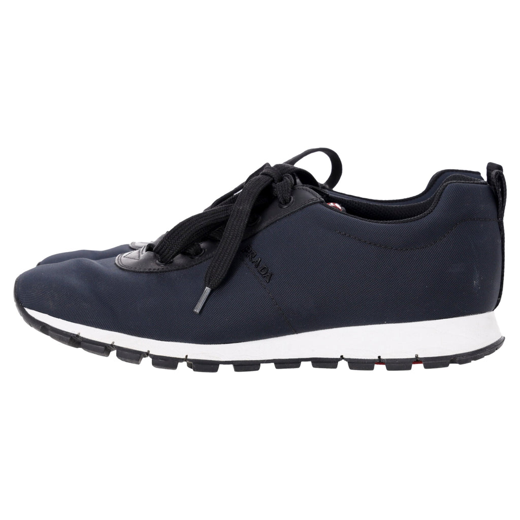 Prada Sport Low Top Lace Up Sneakers in Navy Blue Canvas and Leather