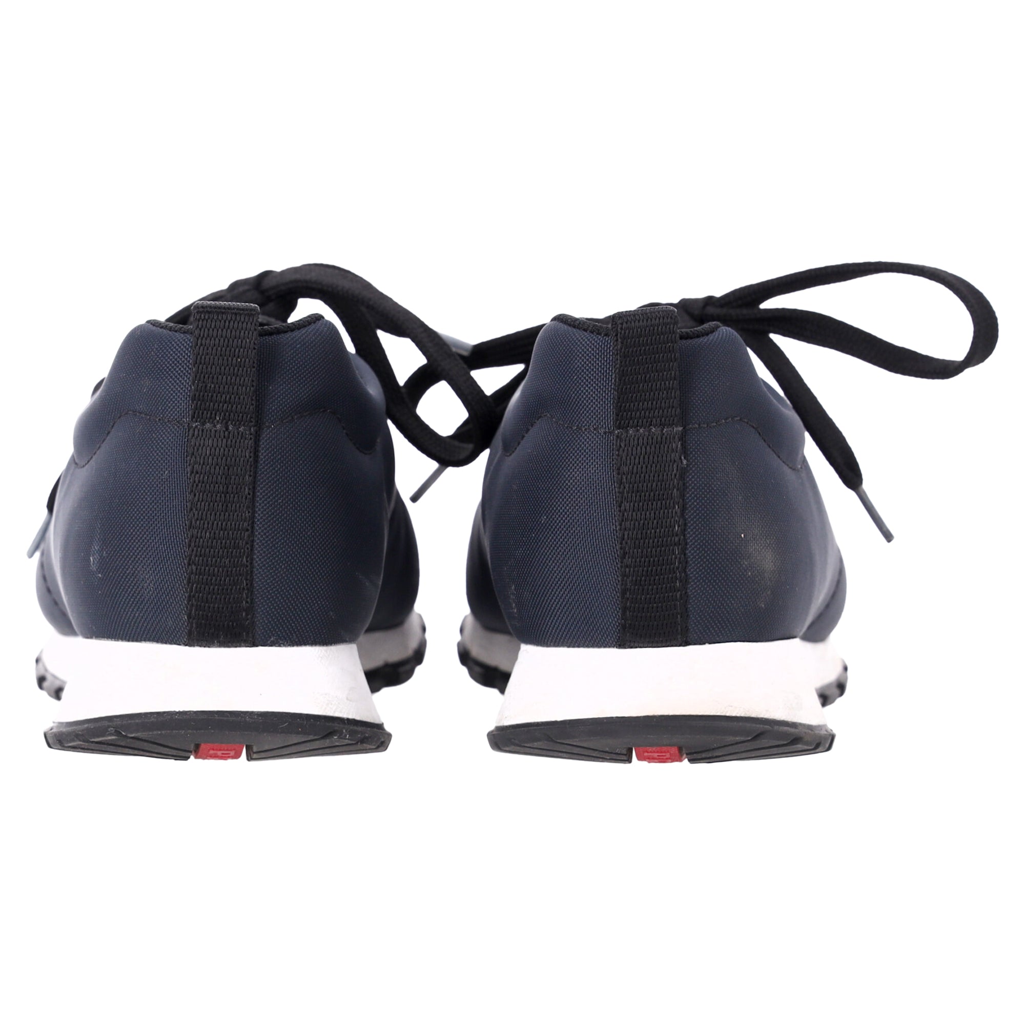Prada Sport Low Top Lace Up Sneakers in Navy Blue Canvas and Leather