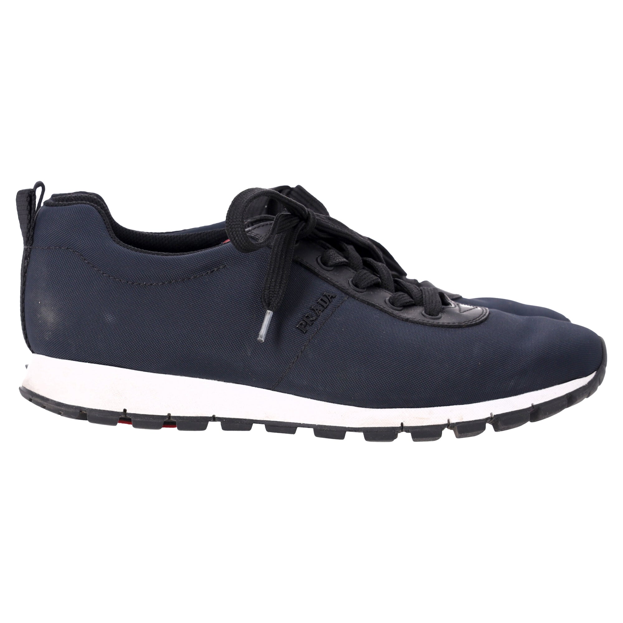 Prada Sport Low Top Lace Up Sneakers in Navy Blue Canvas and Leather