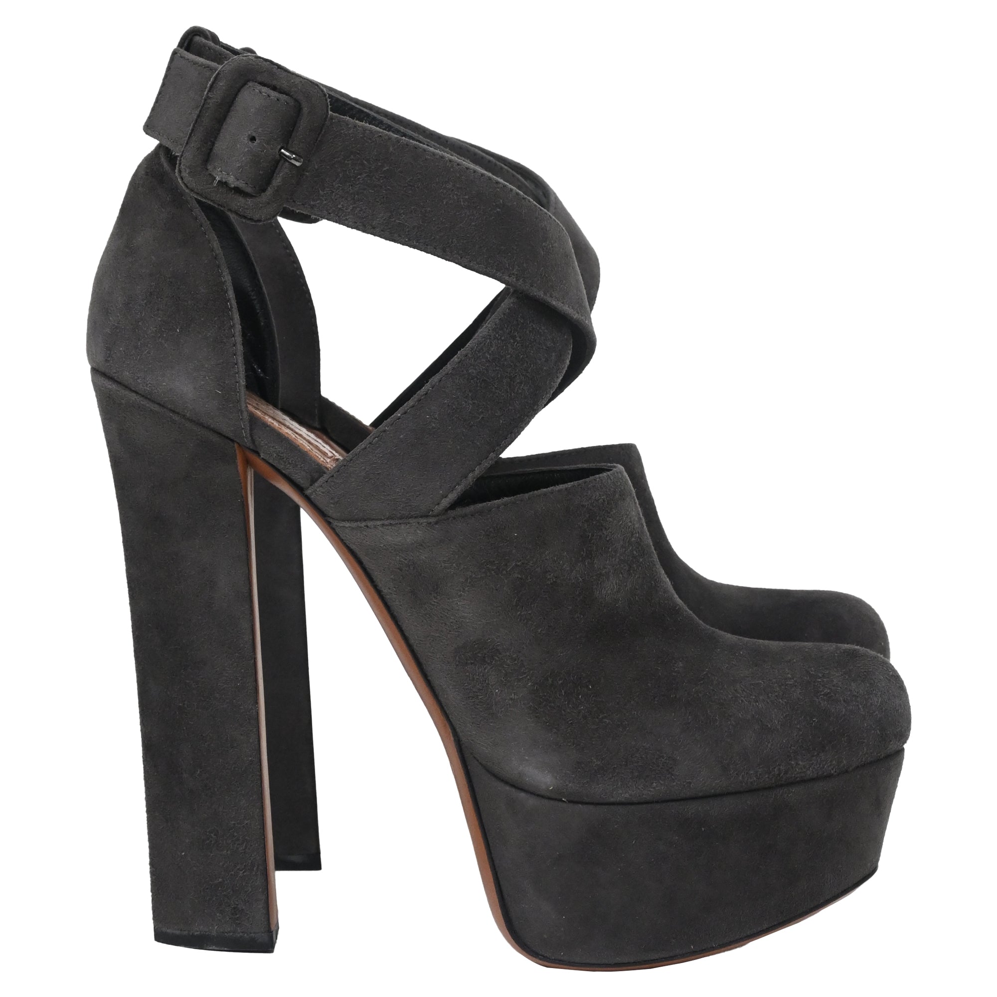 Women's Alaïa Cross Strap Chunky Heel Platform Pumps in Grey Suede