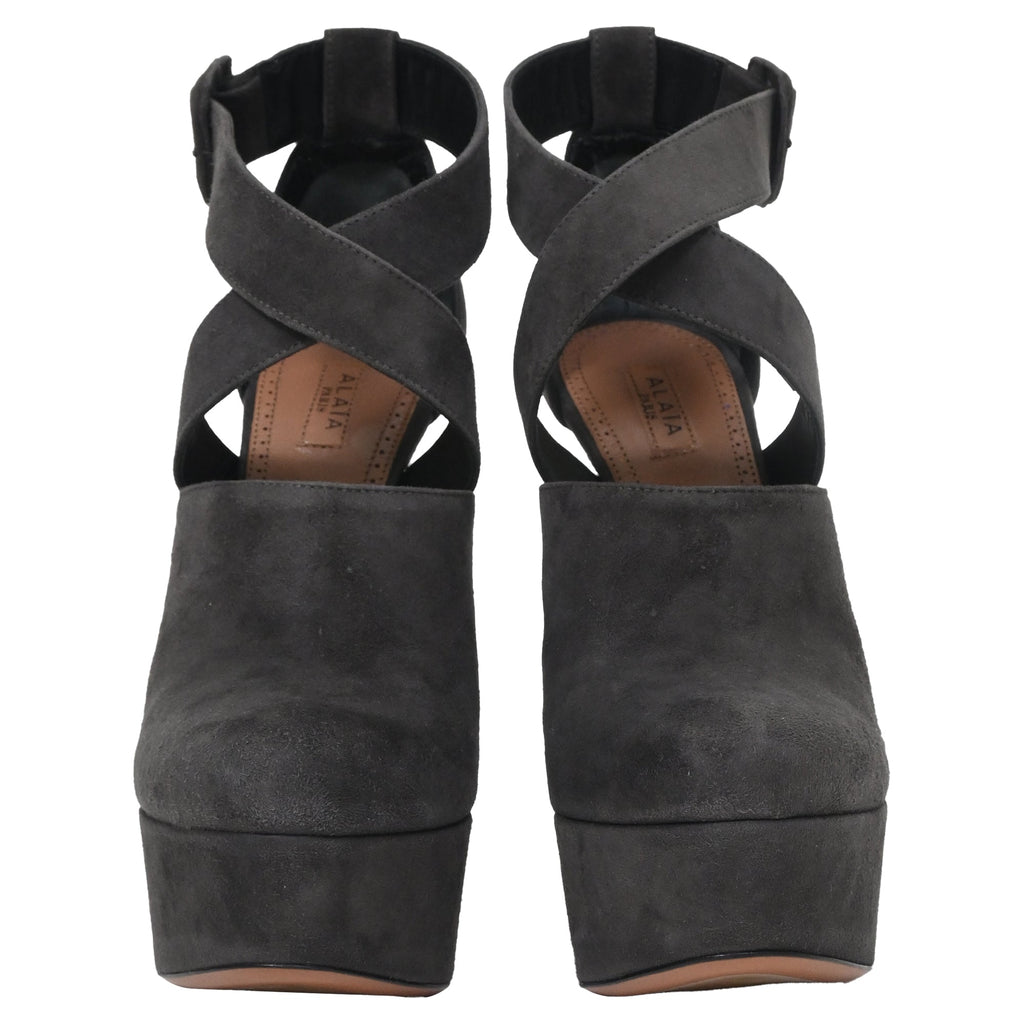 Women's Alaïa Cross Strap Chunky Heel Platform Pumps in Grey Suede