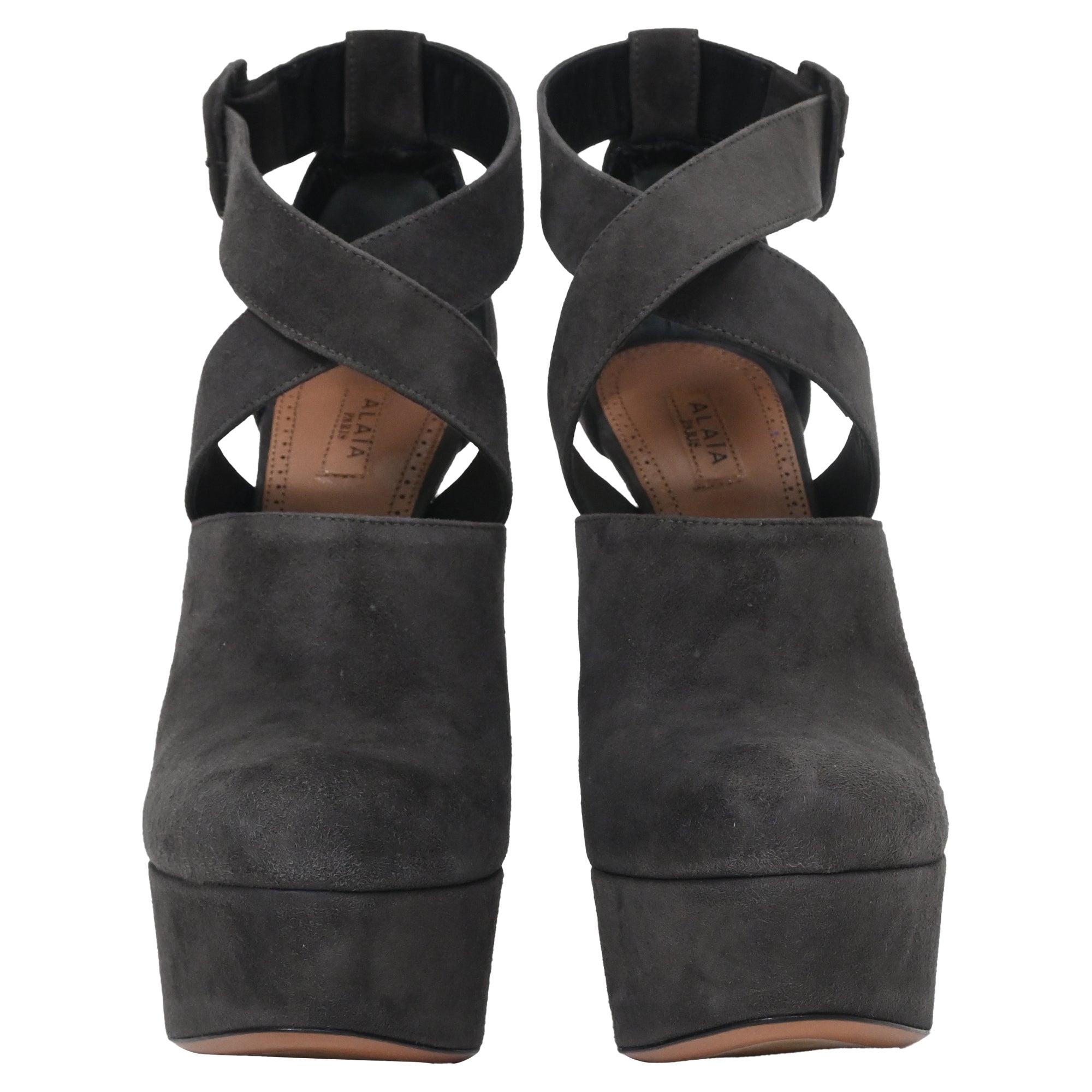 Women's Alaïa Cross Strap Chunky Heel Platform Pumps in Grey Suede