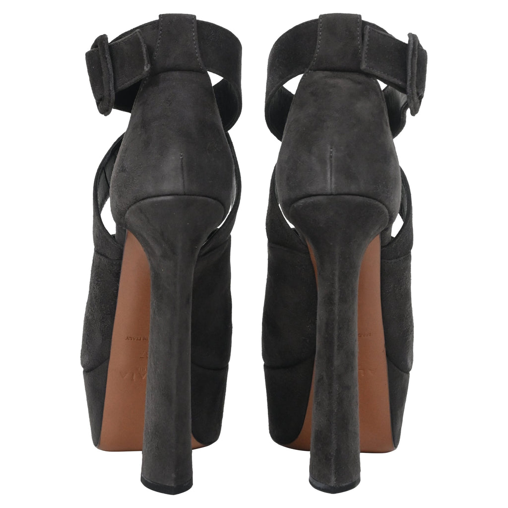 Women's Alaïa Cross Strap Chunky Heel Platform Pumps in Grey Suede