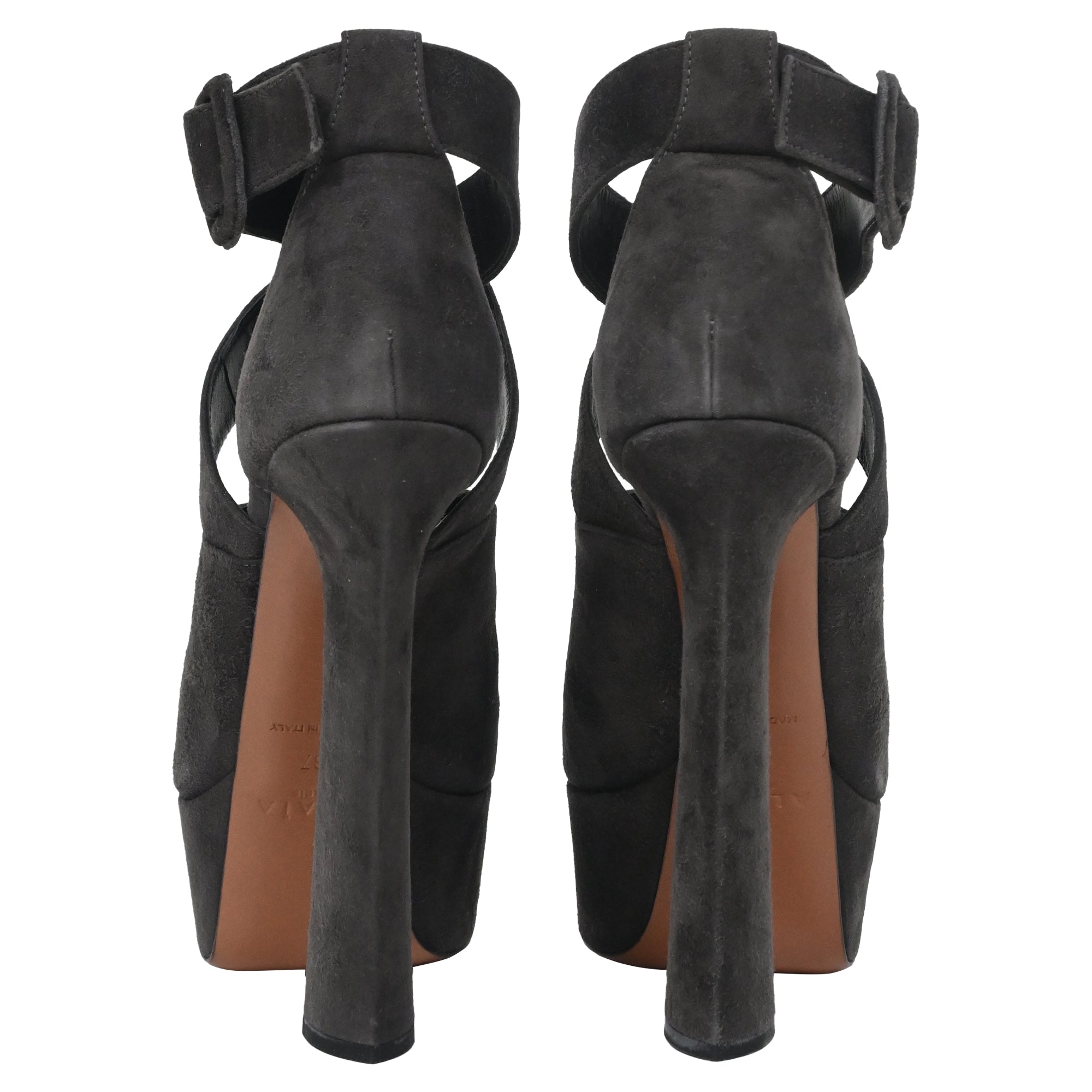 Women's Alaïa Cross Strap Chunky Heel Platform Pumps in Grey Suede
