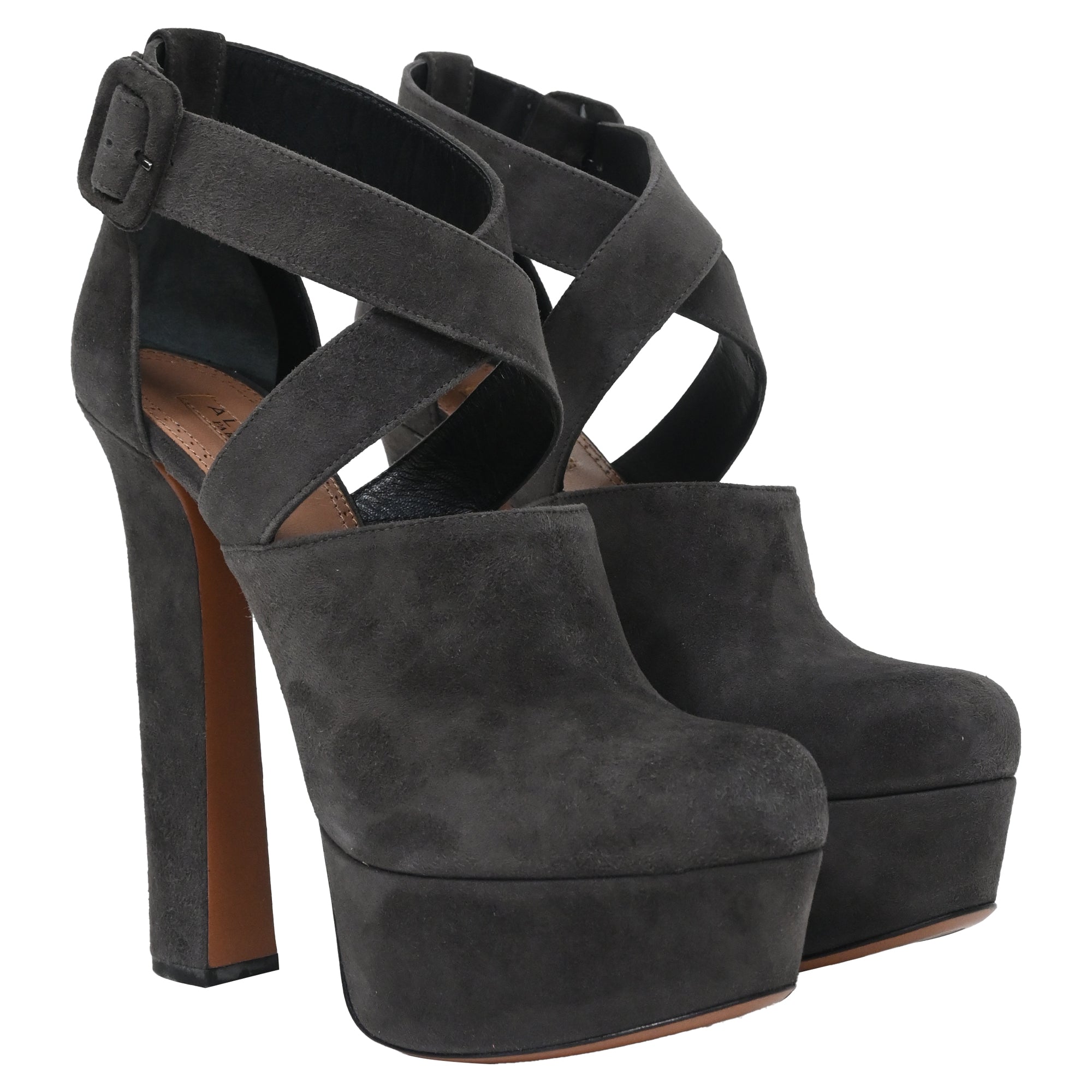 Women's Alaïa Cross Strap Chunky Heel Platform Pumps in Grey Suede