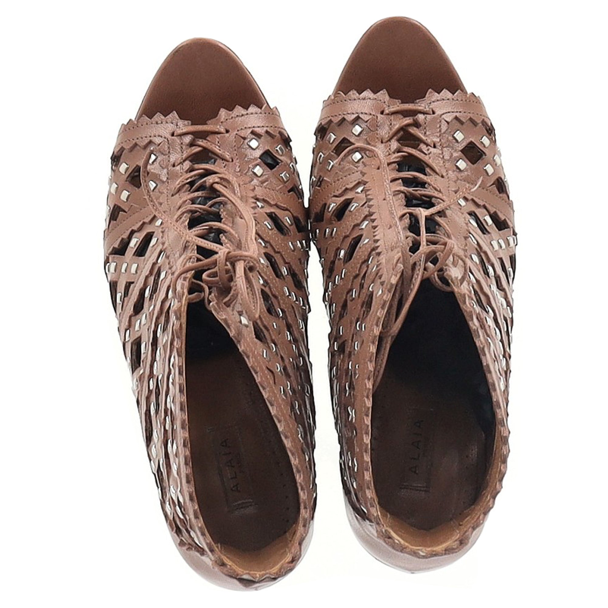 Alaïa Laser Cut Lace-Up Peep Toe Heeled Boots in Brown Leather