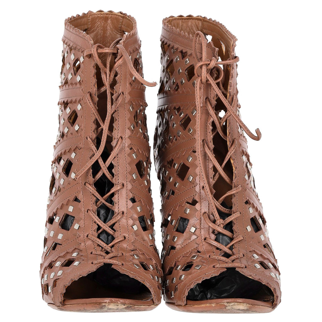Alaïa Laser Cut Lace-Up Peep Toe Heeled Boots in Brown Leather