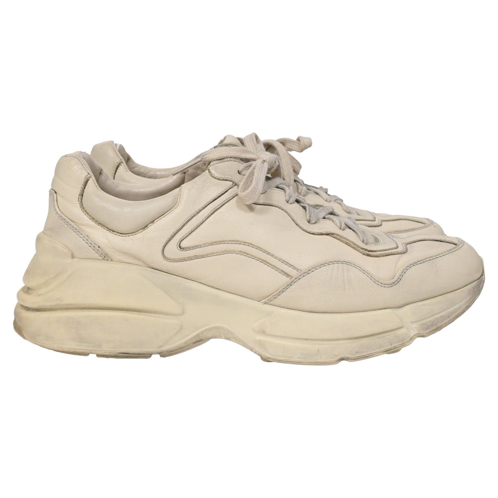 Gucci Rhyton Distressed Lace-Up Sneakers in Cream Leather