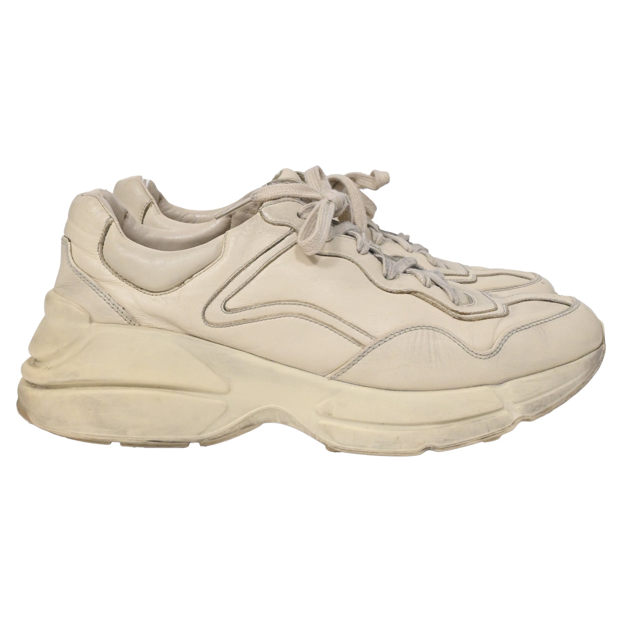 Gucci Rhyton Distressed Lace-Up Sneakers in Cream Leather