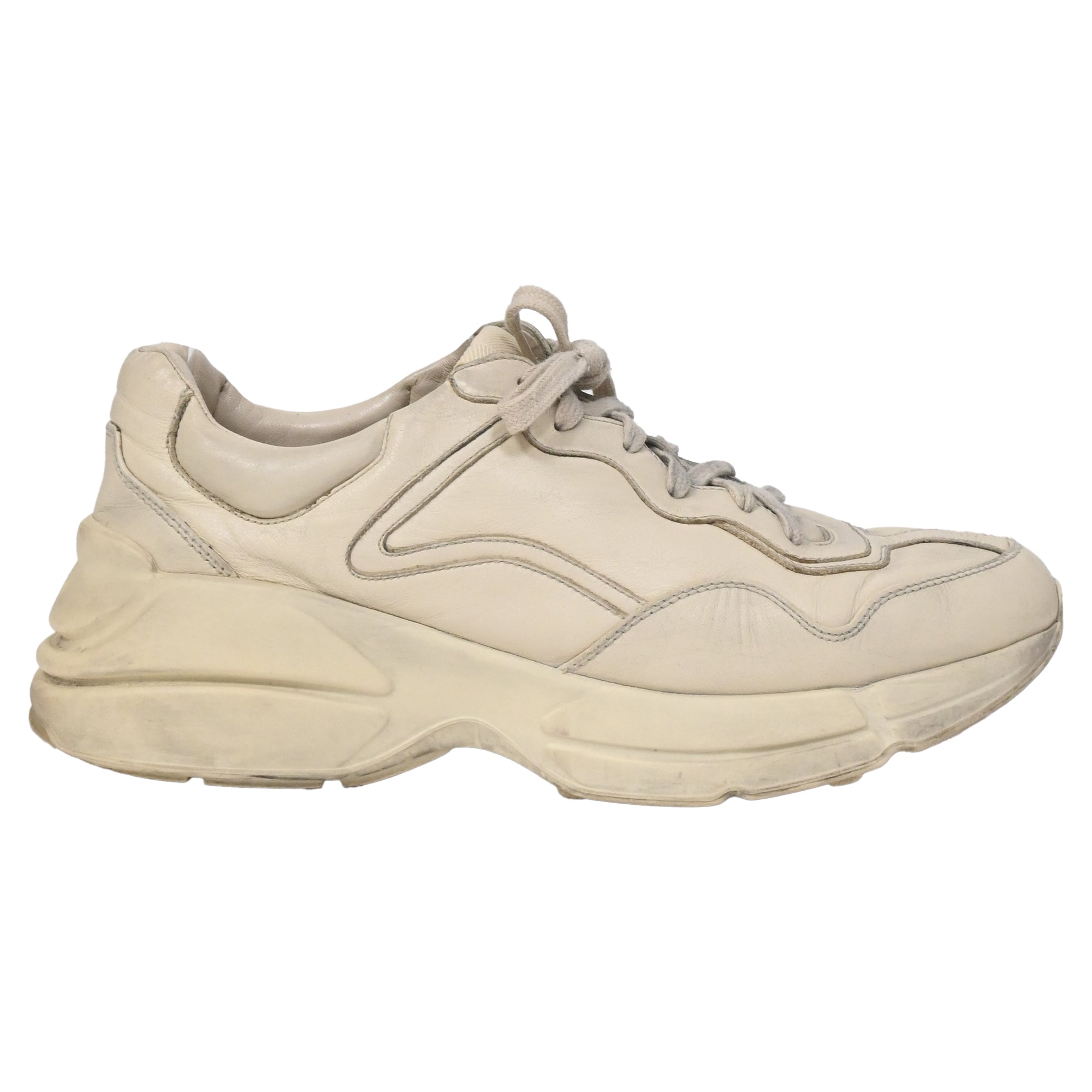 Gucci Rhyton Distressed Lace-Up Sneakers in Cream Leather