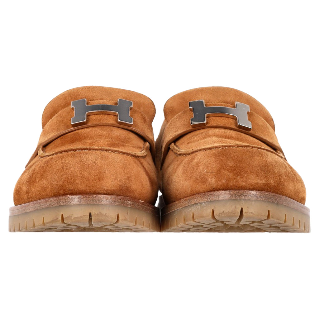Hermès Logo Plague Faubourg Loafers in Brown Goat Suede