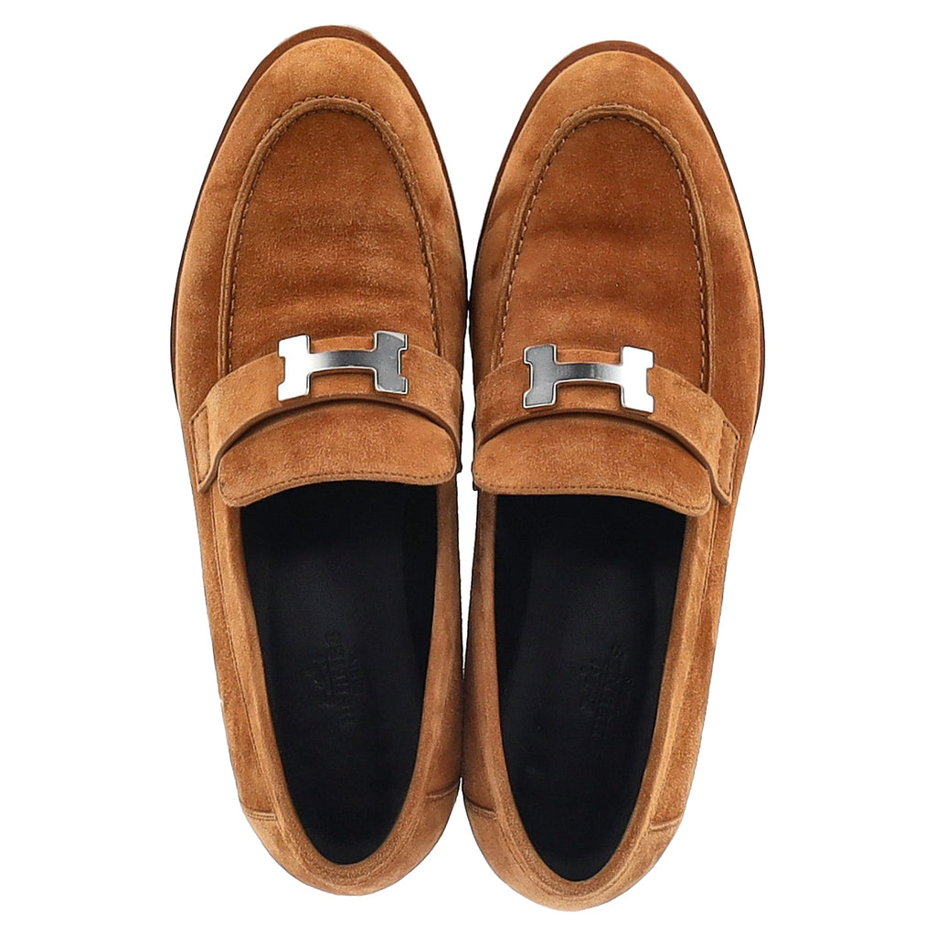 Hermès Logo Plague Faubourg Loafers in Brown Goat Suede