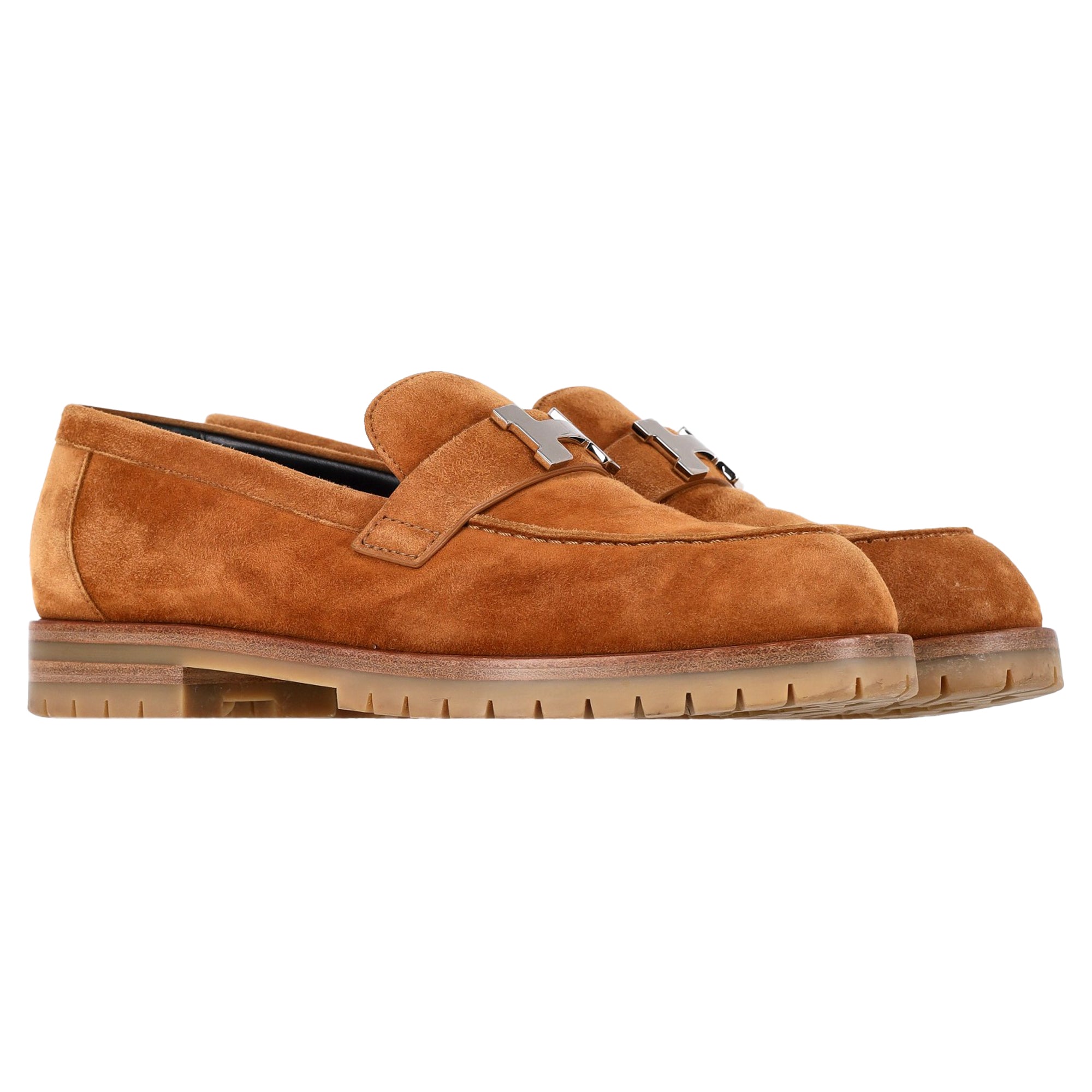 Hermès Logo Plague Faubourg Loafers in Brown Goat Suede