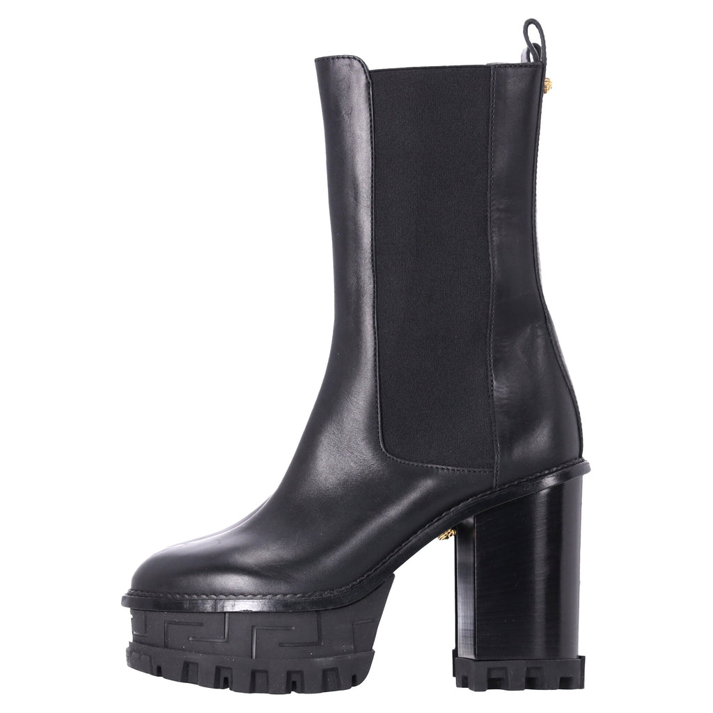 Versace Greca Labyrinth High-Heel Platform Boots in Black Calf Leather