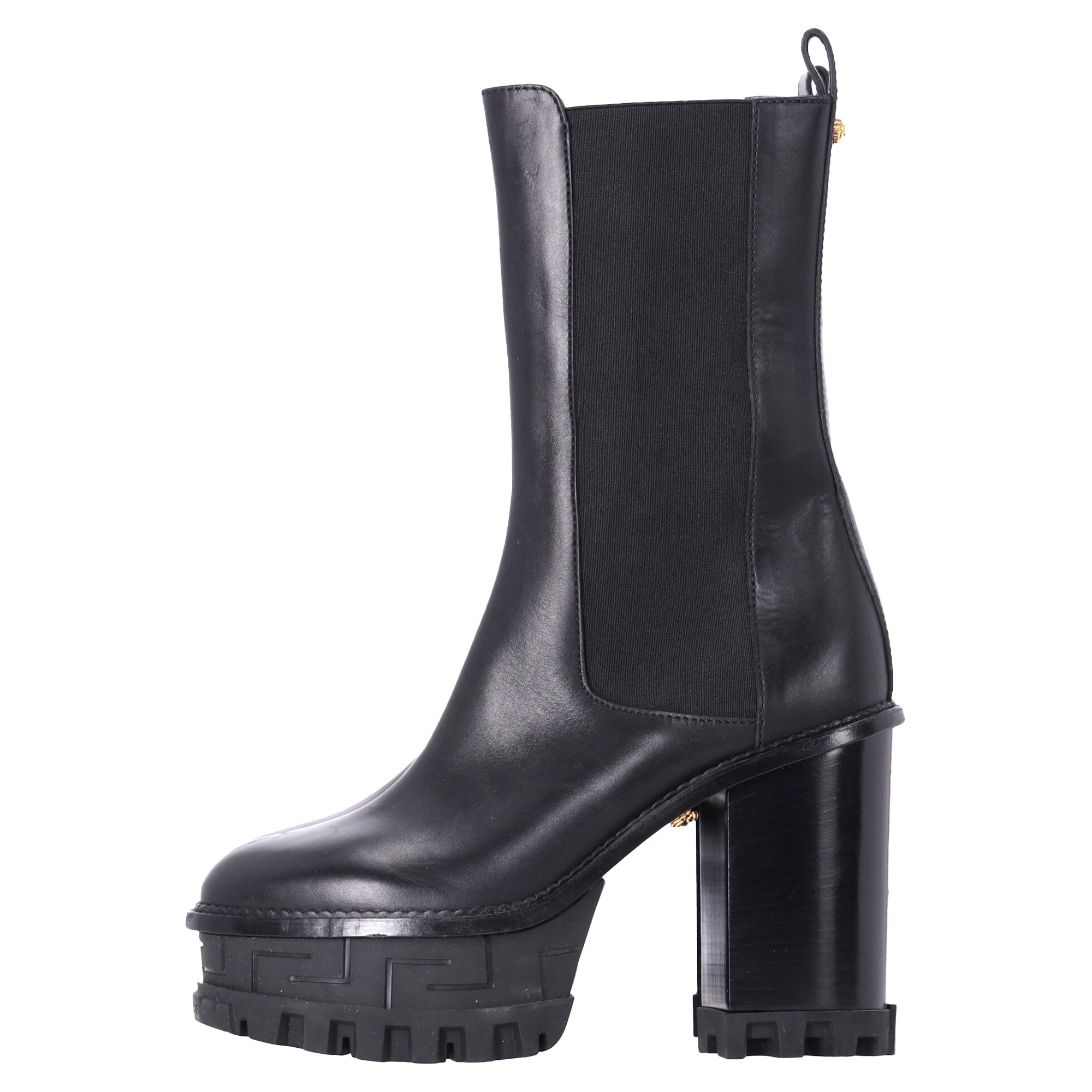 Versace Greca Labyrinth High-Heel Platform Boots in Black Calf Leather