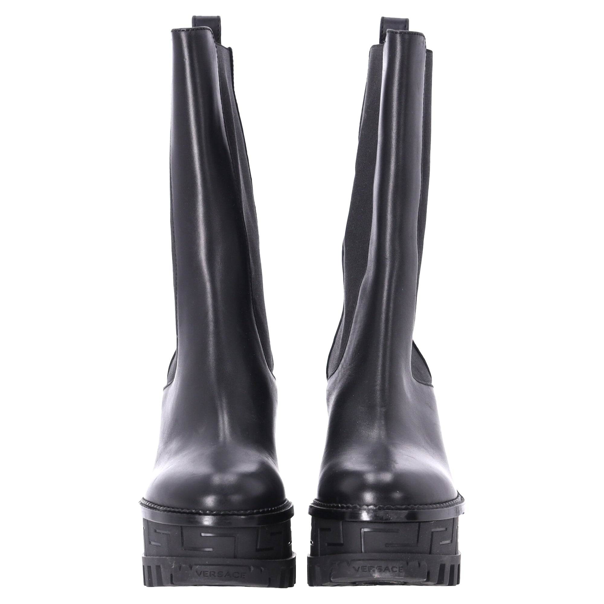 Versace Greca Labyrinth High-Heel Platform Boots in Black Calf Leather