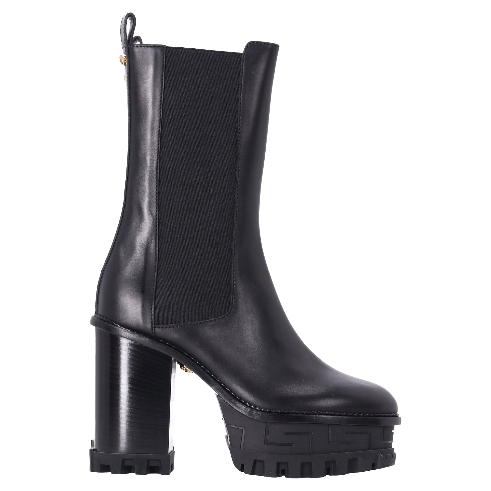 Versace Greca Labyrinth High-Heel Platform Boots in Black Calf Leather