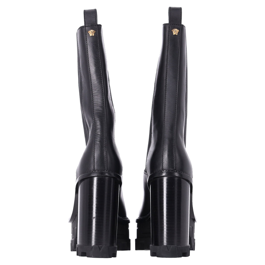 Versace Greca Labyrinth High-Heel Platform Boots in Black Calf Leather