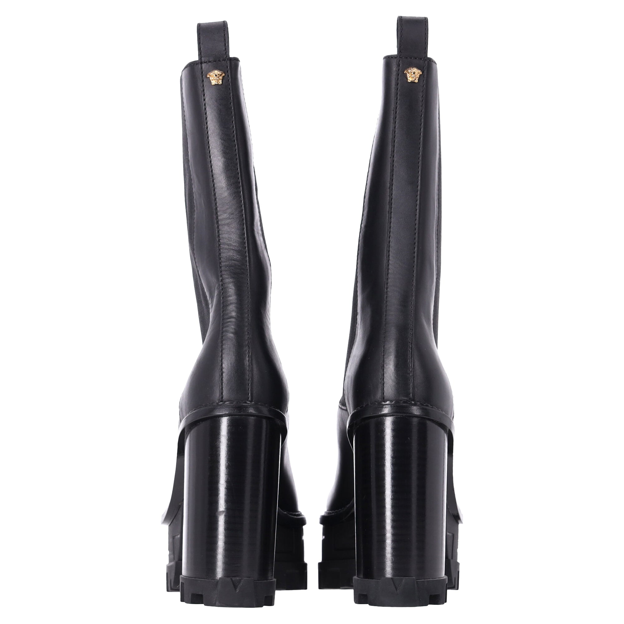 Versace Greca Labyrinth High-Heel Platform Boots in Black Calf Leather