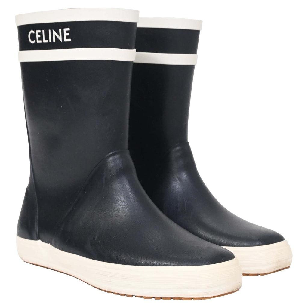 Women's Celine Logo Rain Boots in Black Rubber