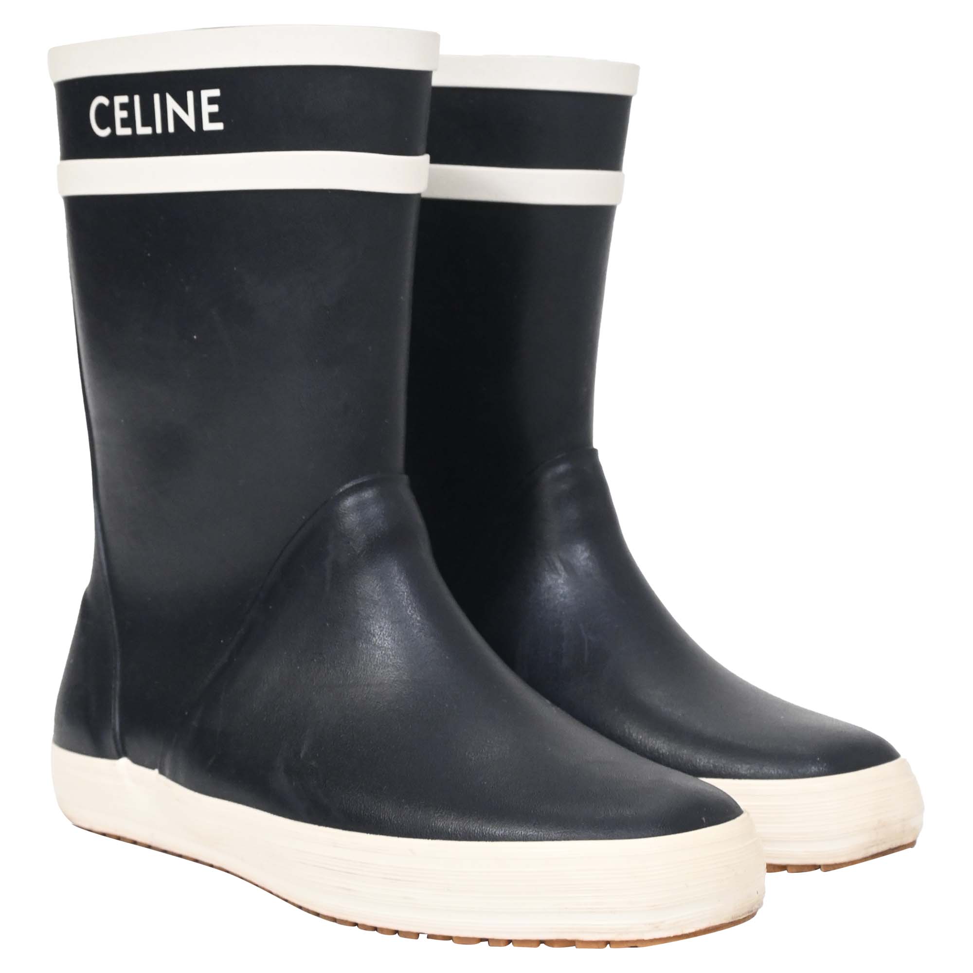 Women's Celine Logo Rain Boots in Black Rubber