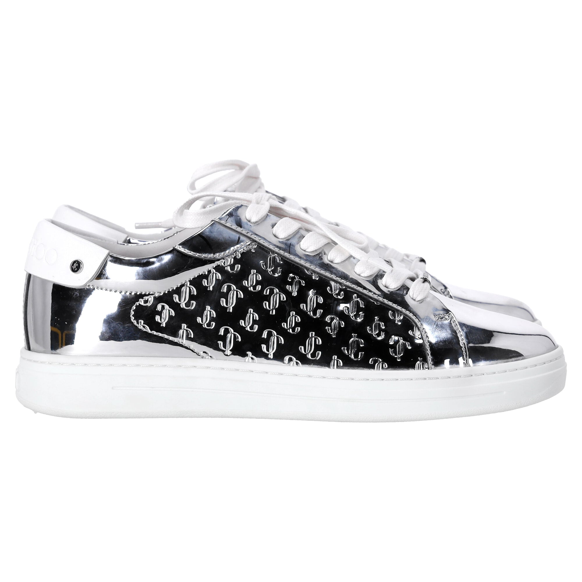 Women's  Jimmy Choo Rome/F Monogram Sneakers in Metallic Silver Leather