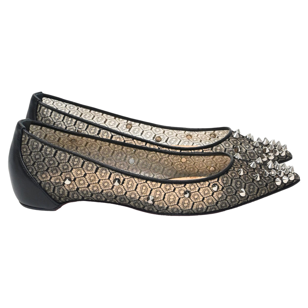 Women's Christian Louboutin Lace Spike-Embellished Ballet Flats in Black Polyester