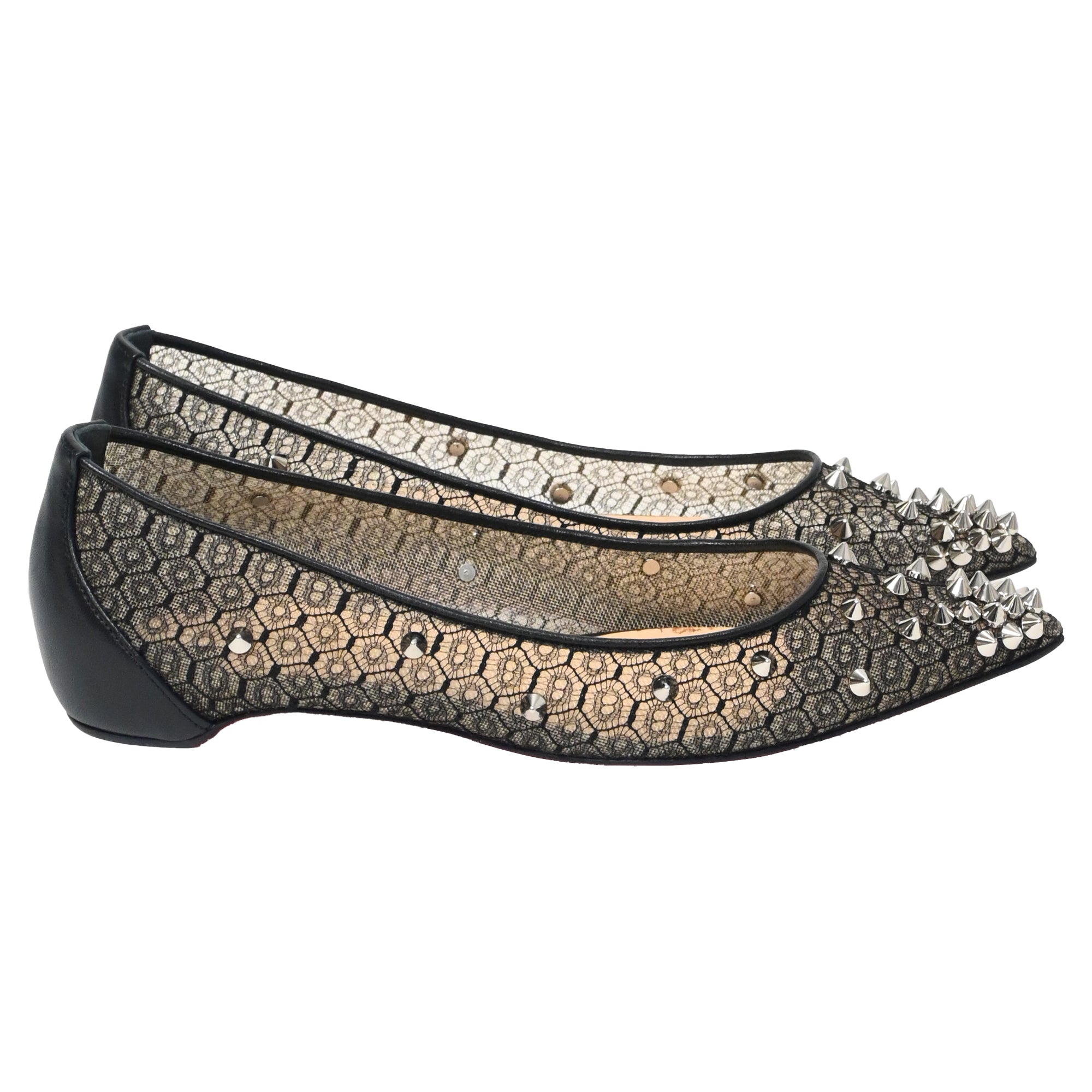 Women's Christian Louboutin Lace Spike-Embellished Ballet Flats in Black Polyester