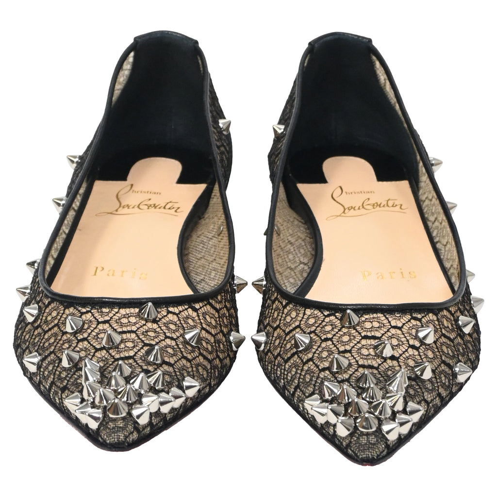 Women's Christian Louboutin Lace Spike-Embellished Ballet Flats in Black Polyester