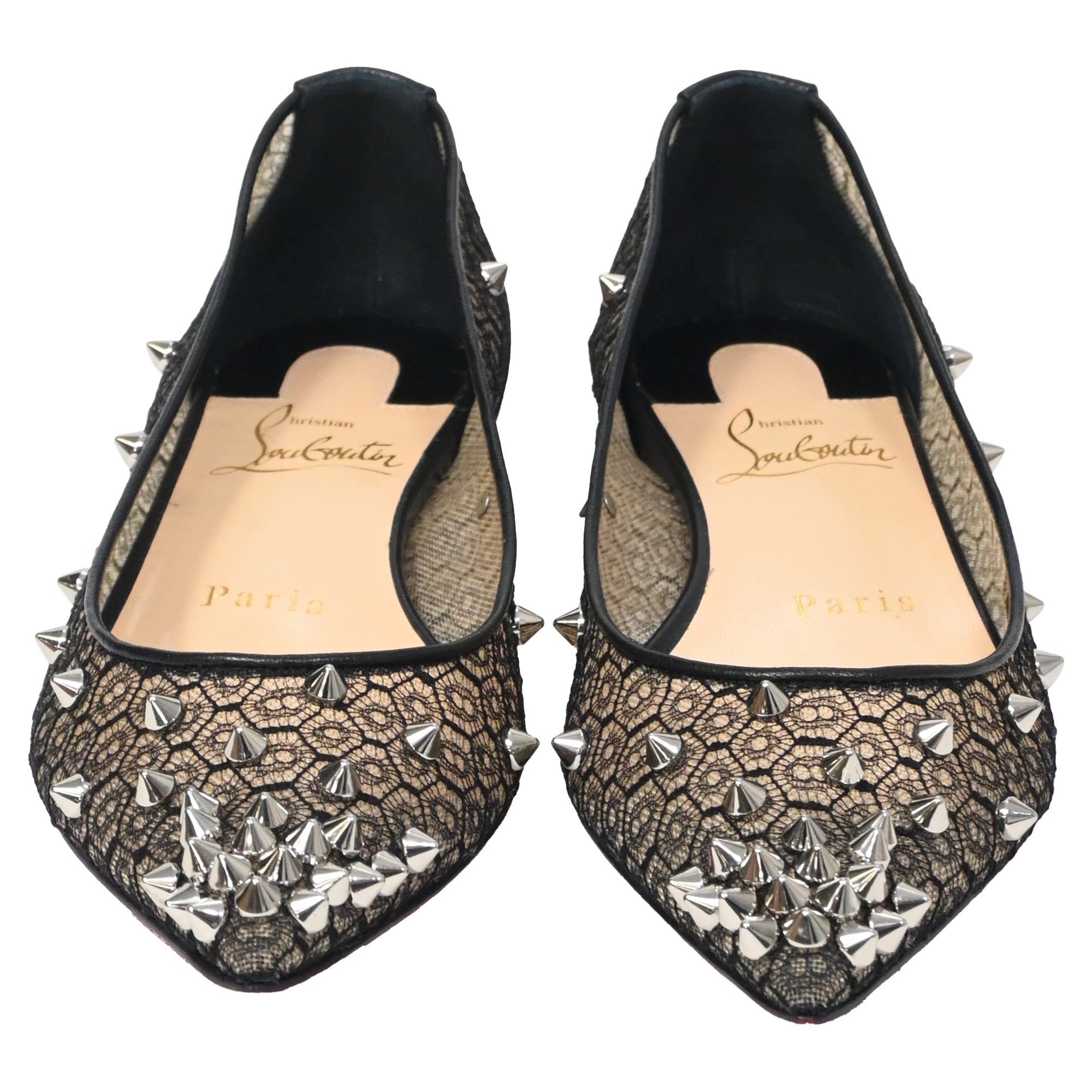 Women's Christian Louboutin Lace Spike-Embellished Ballet Flats in Black Polyester