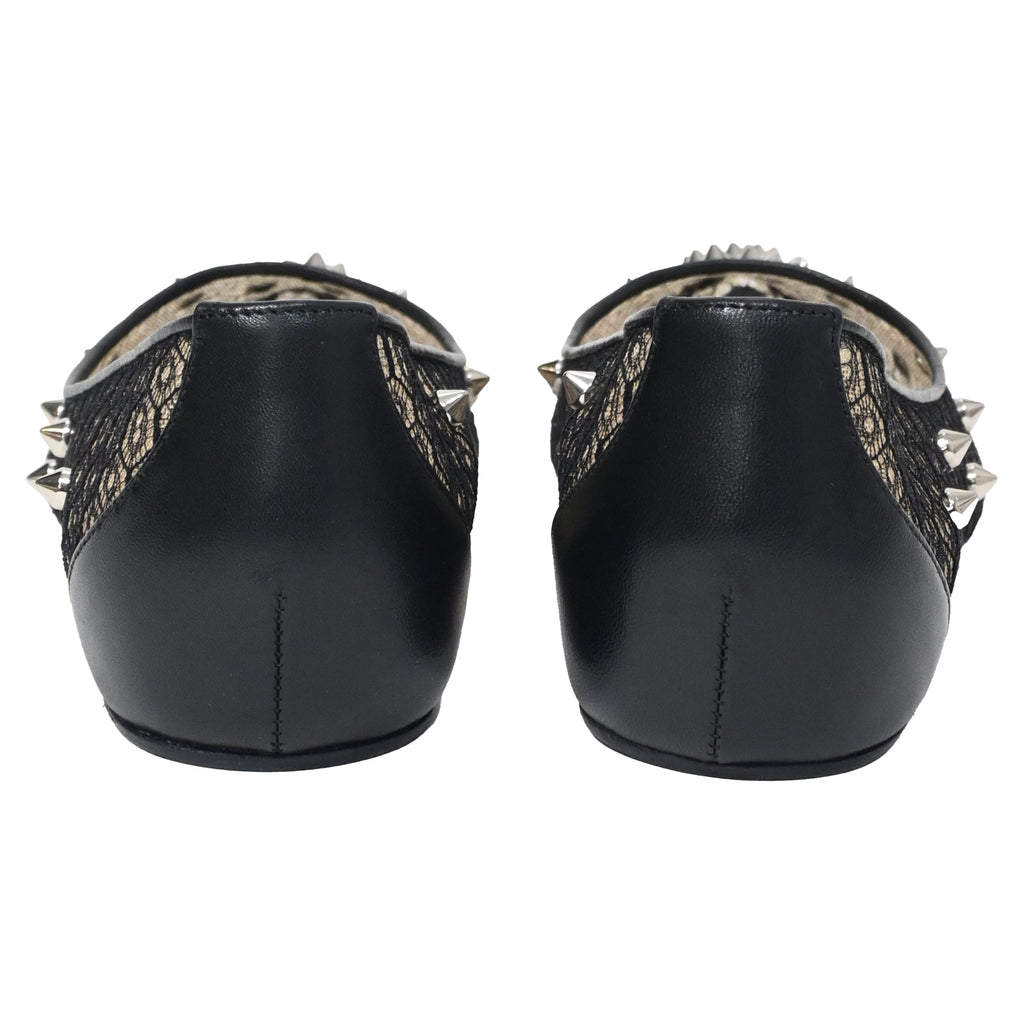 Women's Christian Louboutin Lace Spike-Embellished Ballet Flats in Black Polyester