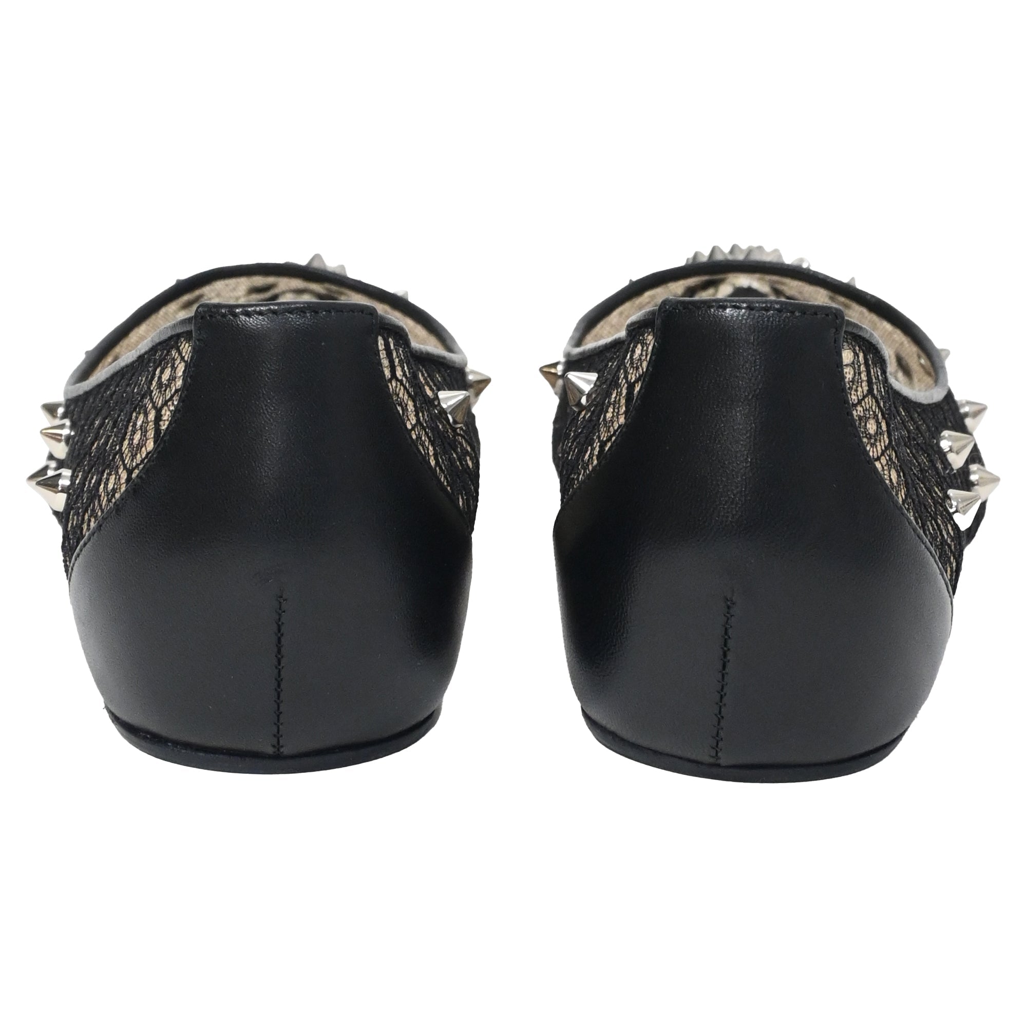 Women's Christian Louboutin Lace Spike-Embellished Ballet Flats in Black Polyester