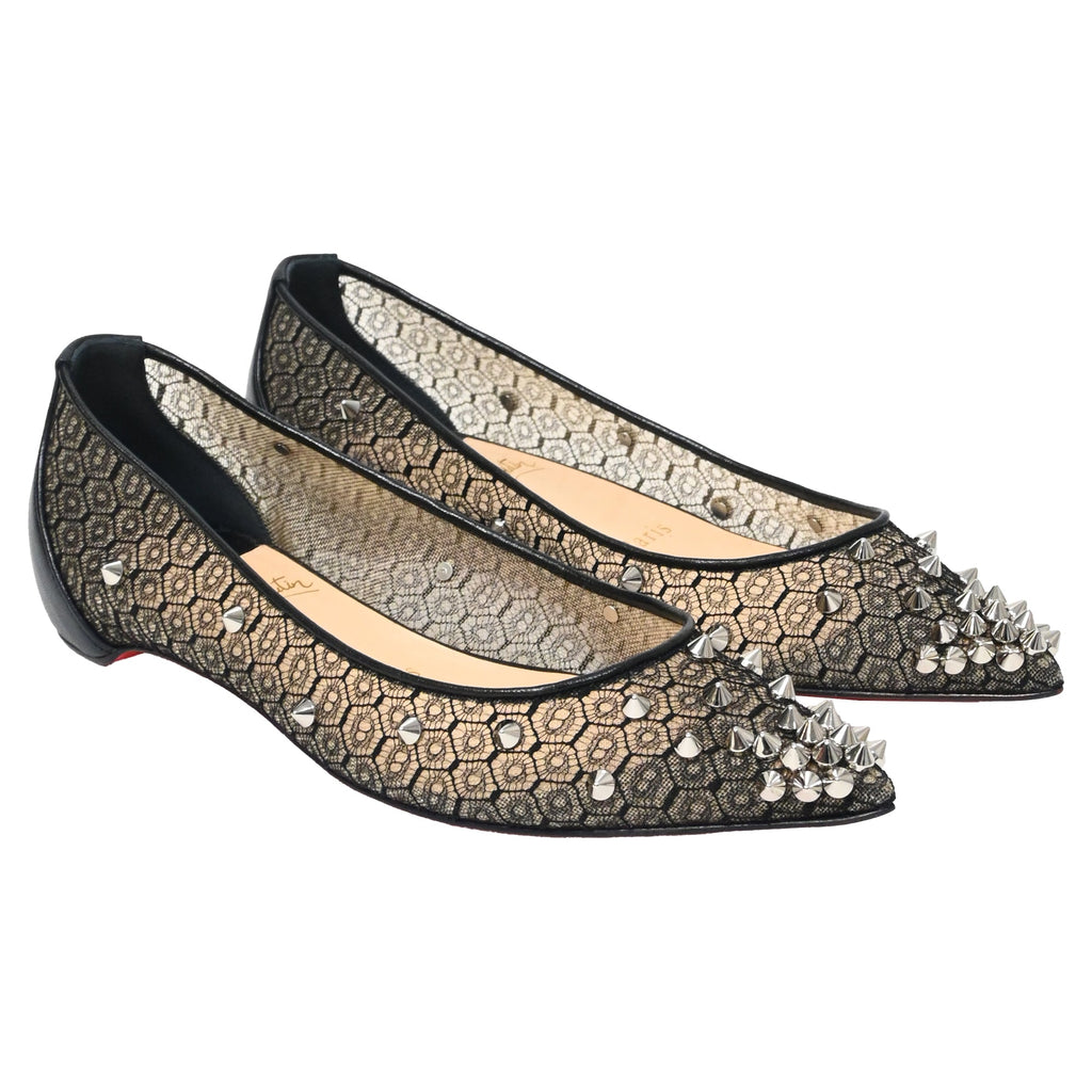 Women's Christian Louboutin Lace Spike-Embellished Ballet Flats in Black Polyester
