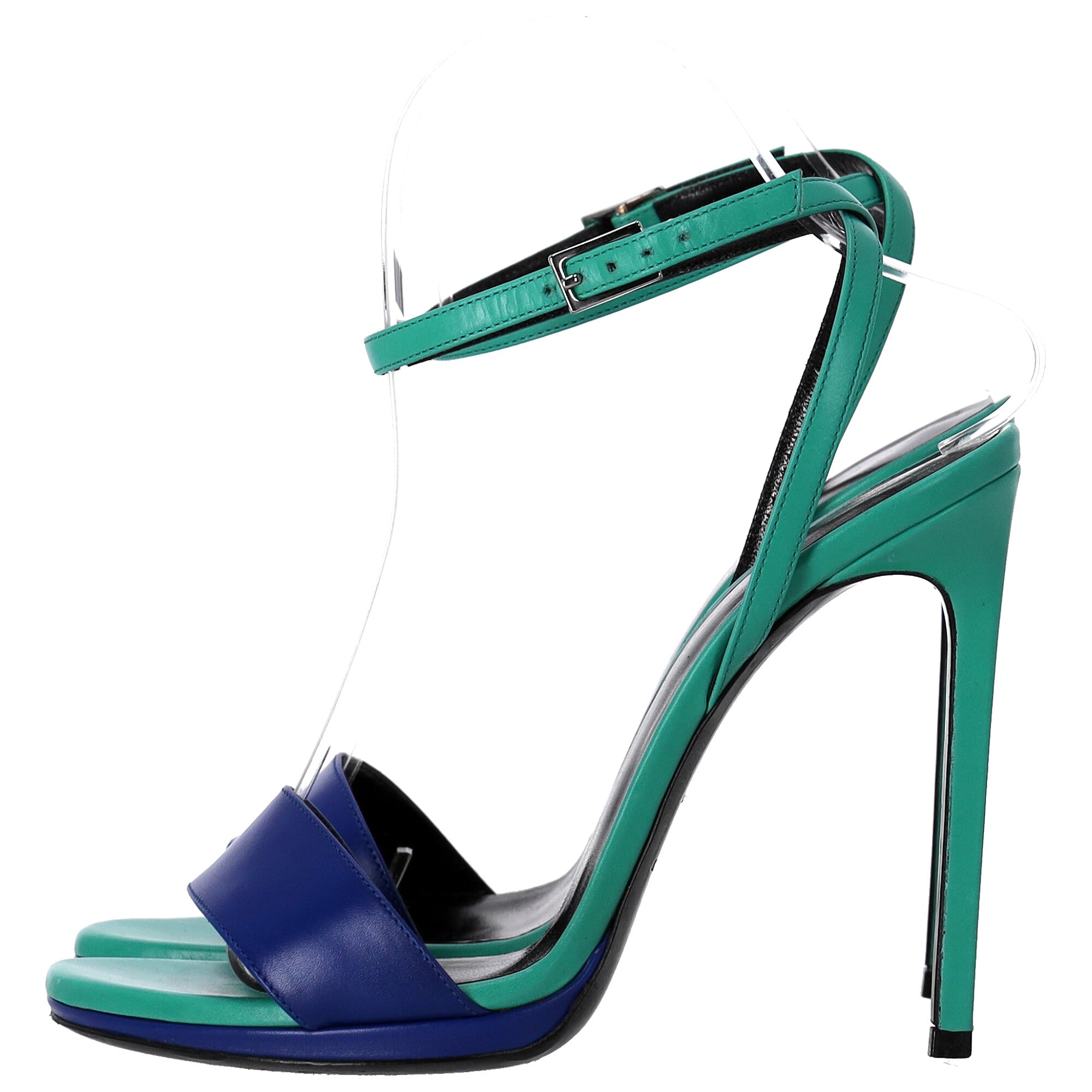 Saint Laurent Jane Ankle Strap Heeled Sandals in Green and Blue Leather