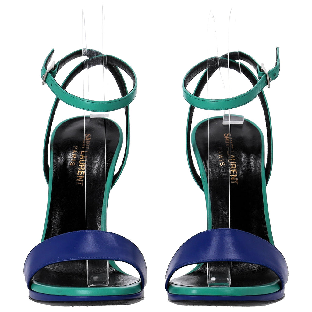 Saint Laurent Jane Ankle Strap Heeled Sandals in Green and Blue Leather