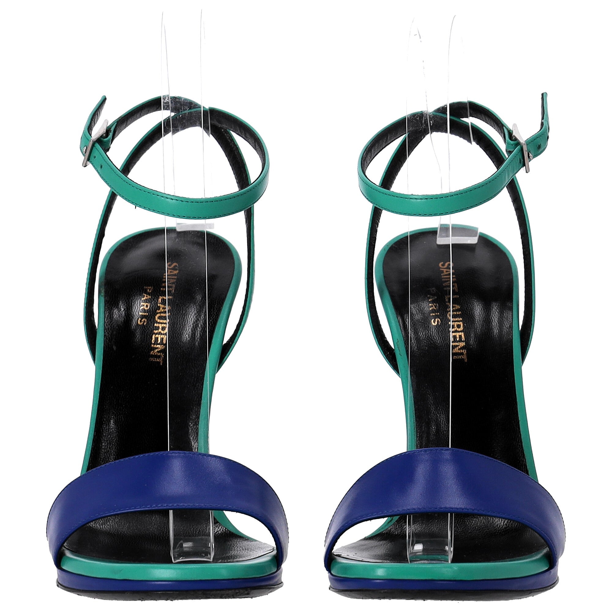 Saint Laurent Jane Ankle Strap Heeled Sandals in Green and Blue Leather