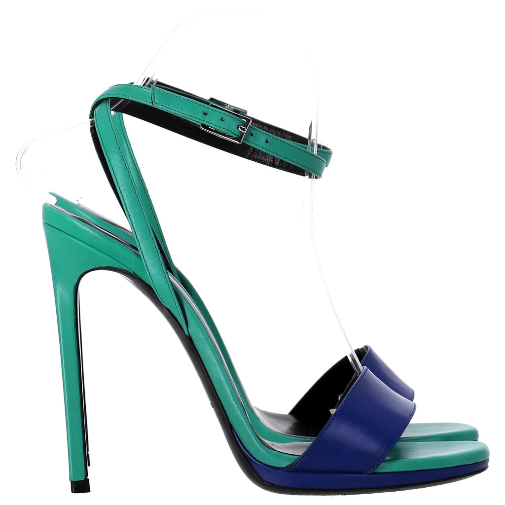 Saint Laurent Jane Ankle Strap Heeled Sandals in Green and Blue Leather