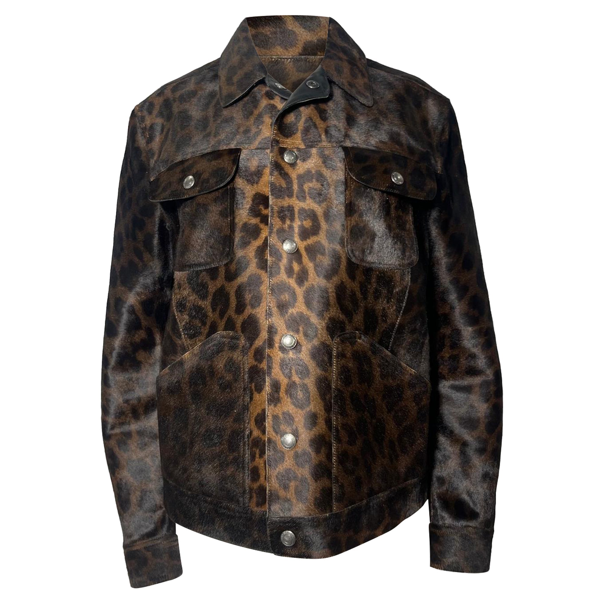 Tom Ford Leopard Print Buttoned Jacket with Pockets in Brown Calf Hair