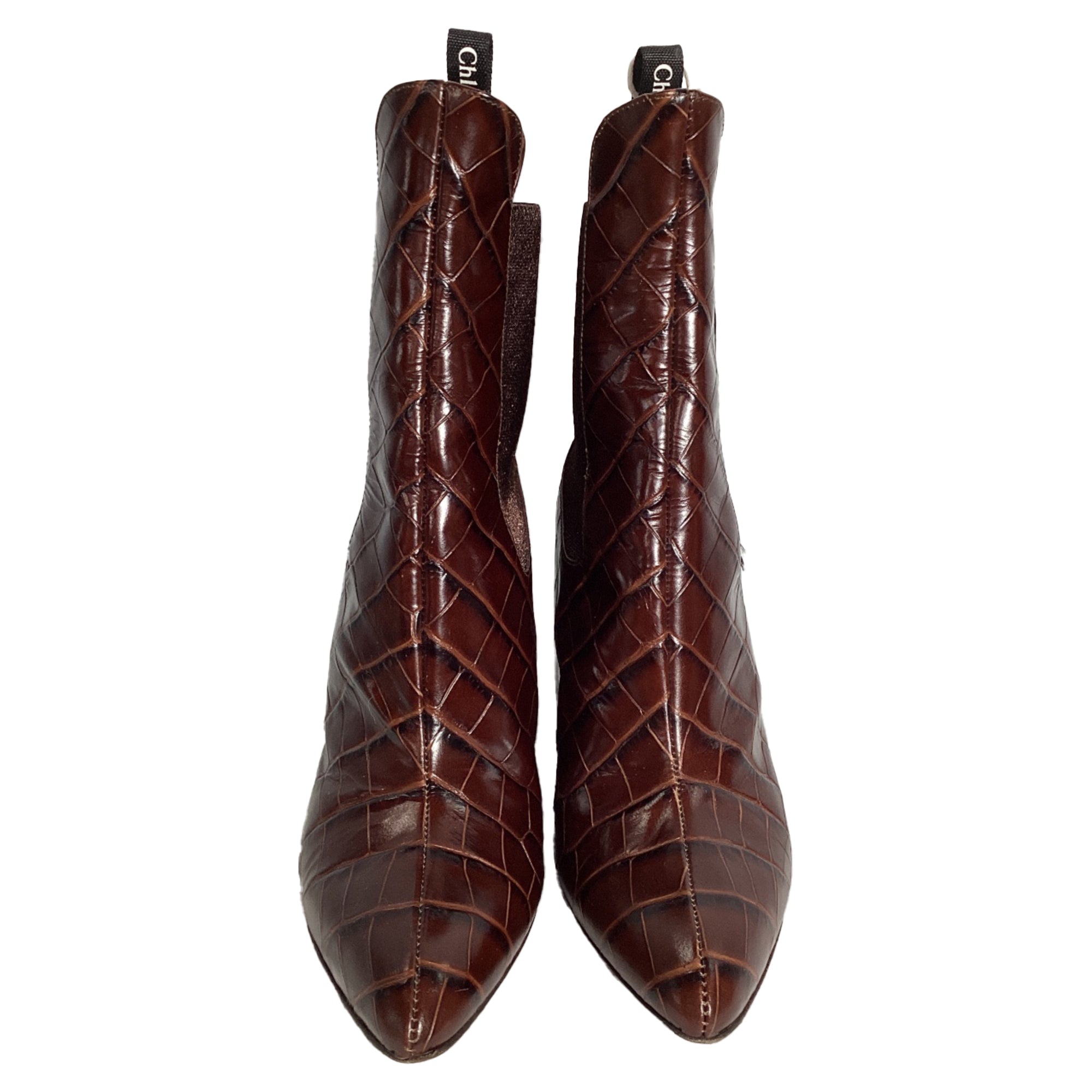 Chloé Wave Crocodile-Embossed Ankle Boots in Brown Leather