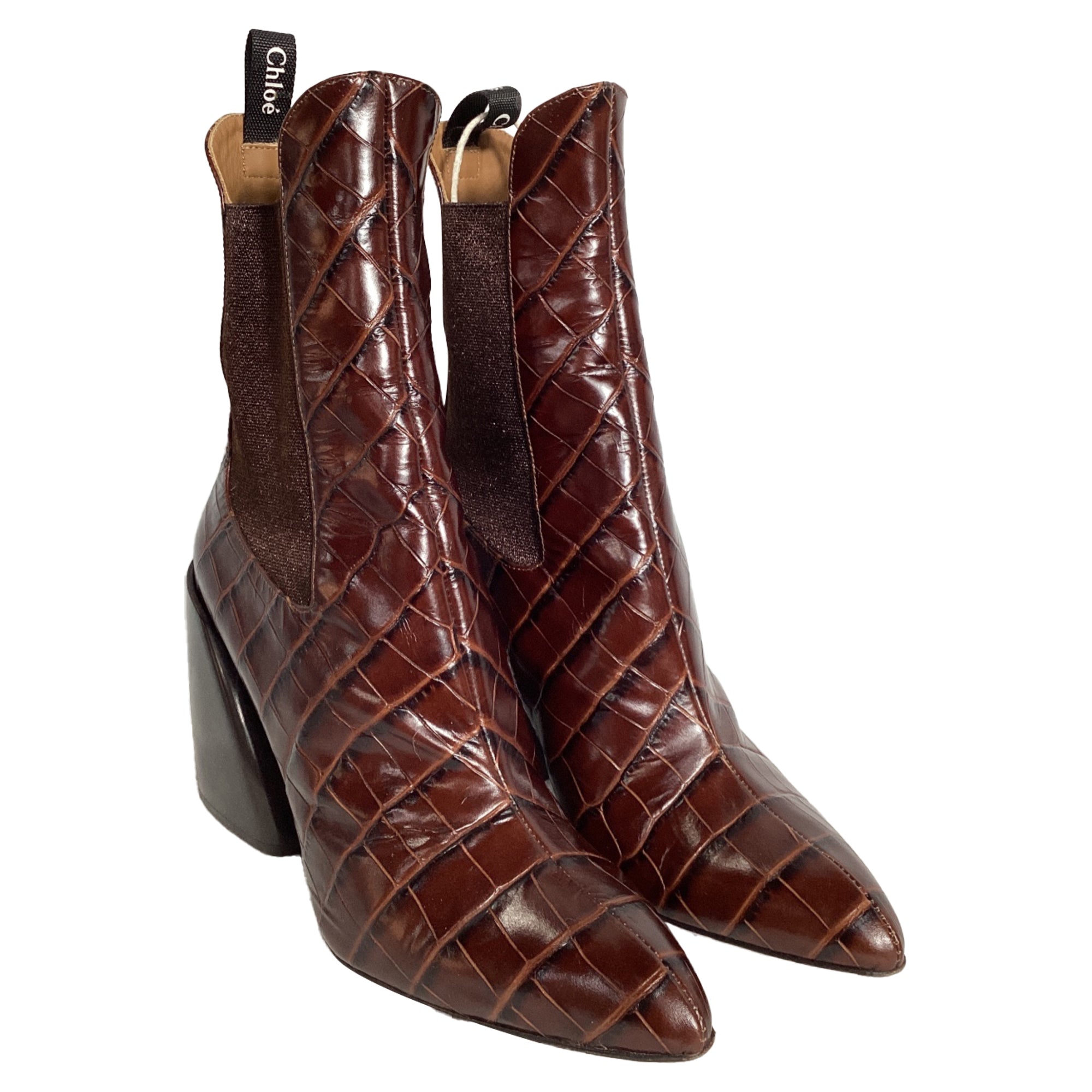 Chloé Wave Crocodile-Embossed Ankle Boots in Brown Leather