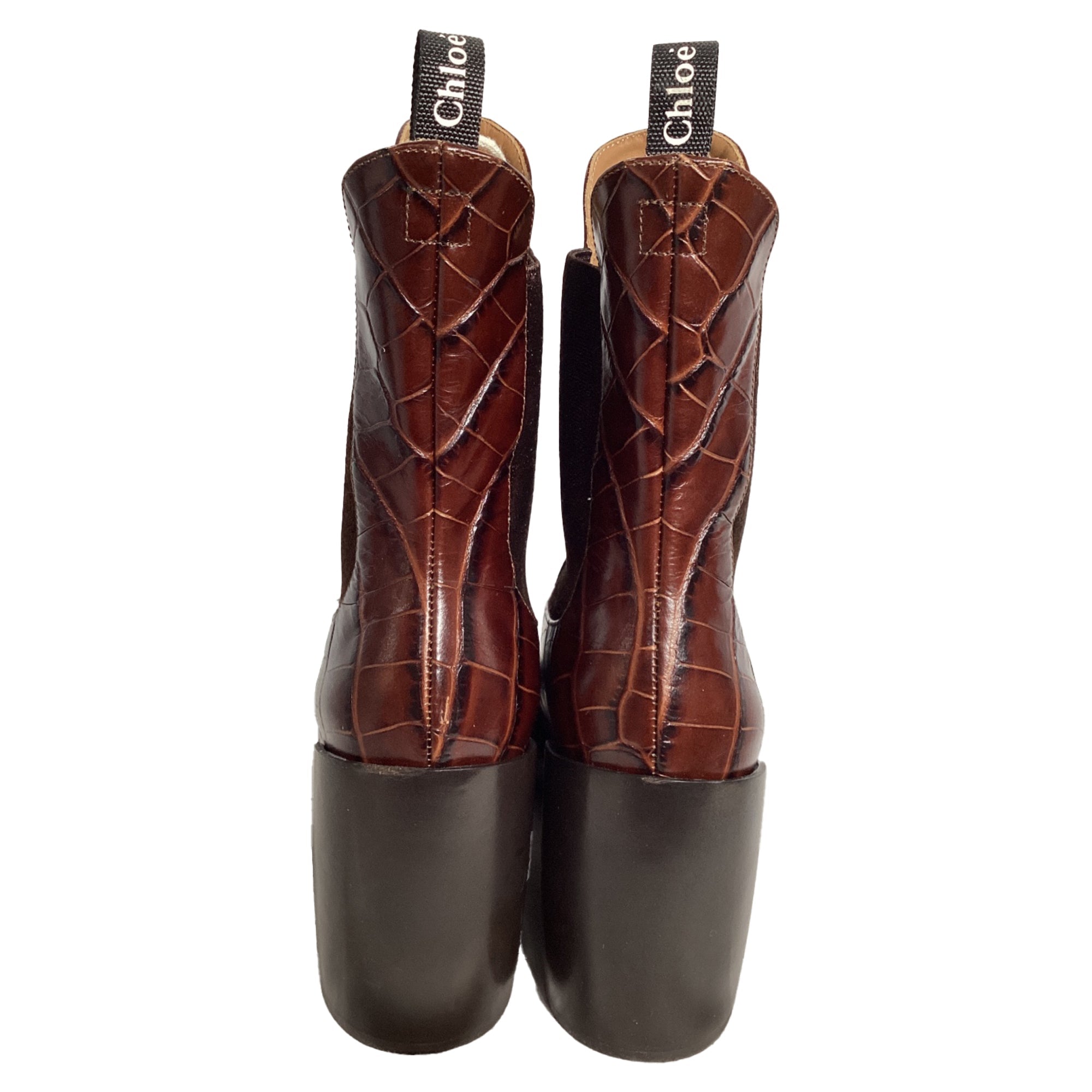 Chloé Wave Crocodile-Embossed Ankle Boots in Brown Leather