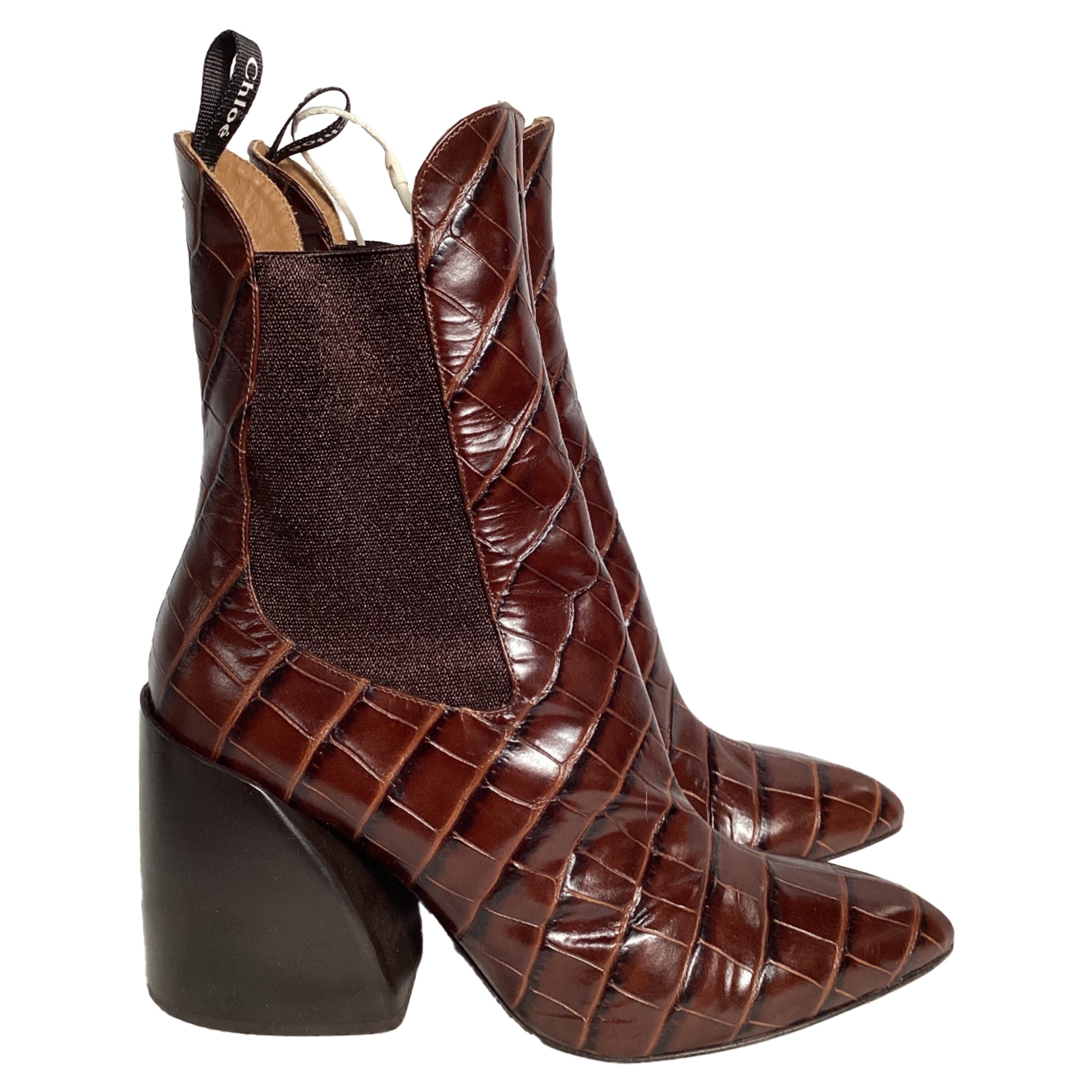 Chloé Wave Crocodile-Embossed Ankle Boots in Brown Leather